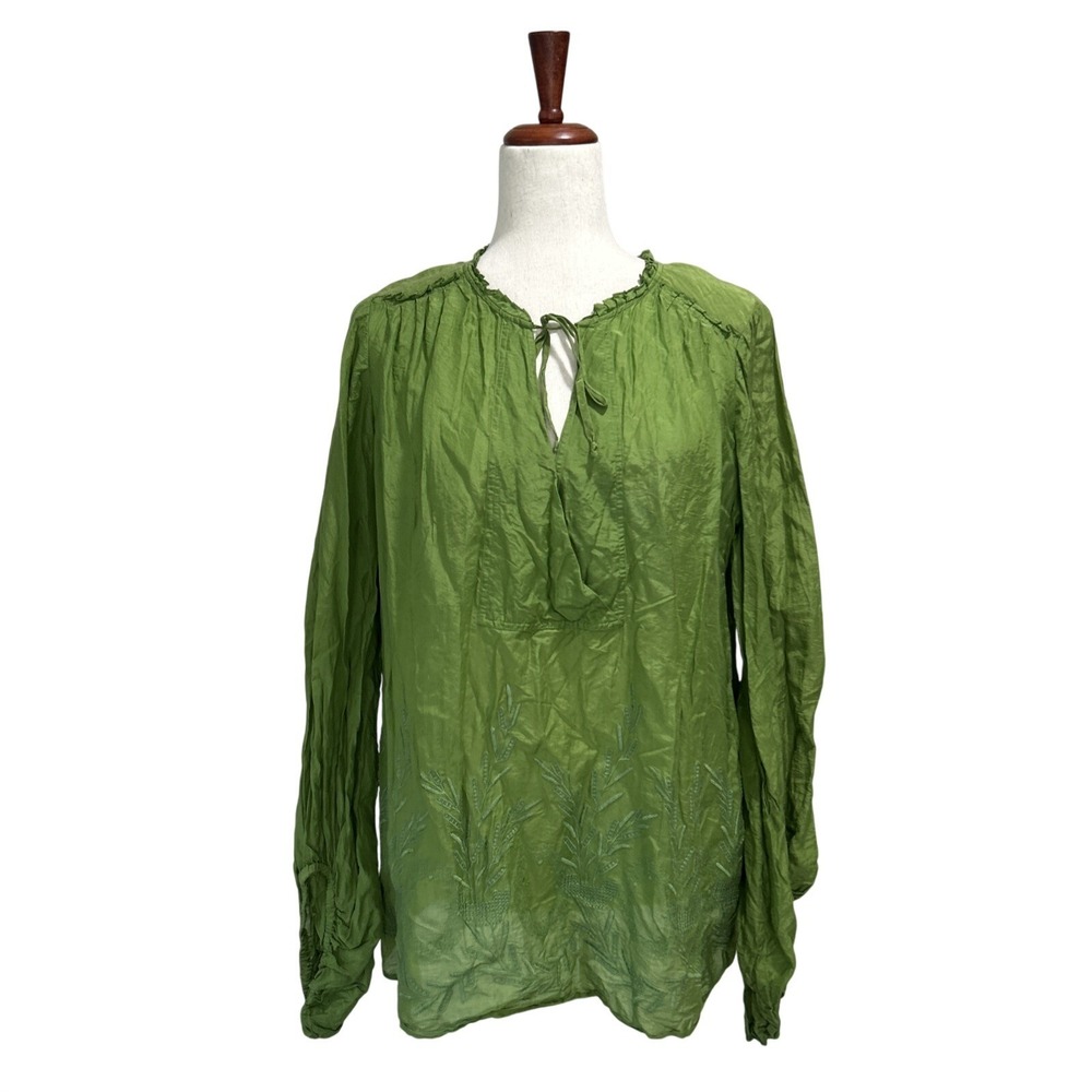 BCBG Maxazria Large Green Silk & Cotton Boho Embroidered Top Y2K Festival Shirt
